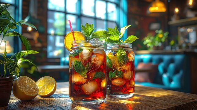 Two refreshing iced drinks with lemon, mint, and strawberries in a sunlit cafe