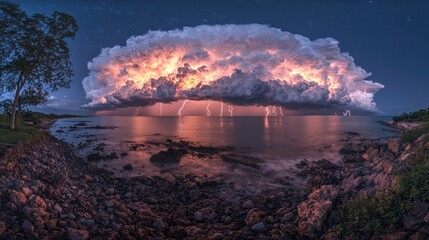 Fototapeta premium Vast lightning storm cloud illuminates a starry night sky over a rocky ocean coast