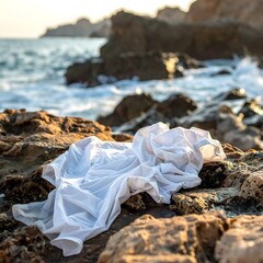 White fabric discarded on rugged coastal rocks with crashing ocean waves at sunset. High-quality lifestyle photography
