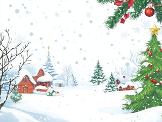Christmas background in watercolor style for graphic design or wallpaper. A cartoonish rural village filled with white snow and beautifully decorated Christmas trees to welcome the Christian New Year.