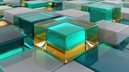 Obraz premium Vibrant grid pattern of glossy, transparent green, blue, and gold geometric cubes