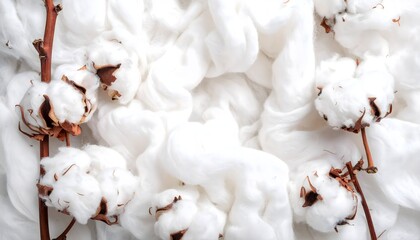 Soft white cotton bolls on a natural woody branch resting on a textured cotton fabric background