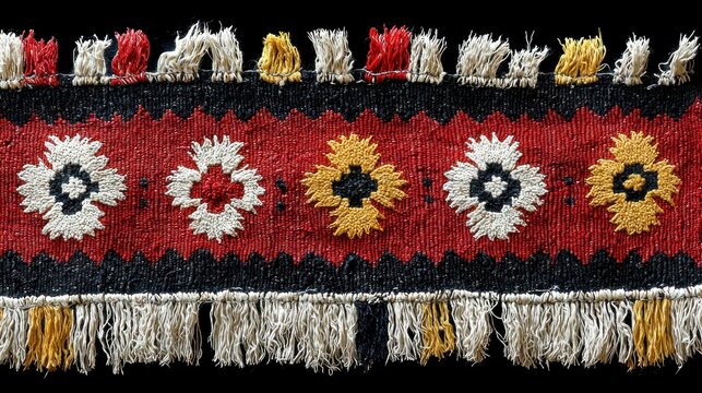 Vibrant hand-woven textile featuring red, black, white, yellow floral patterns and fringes