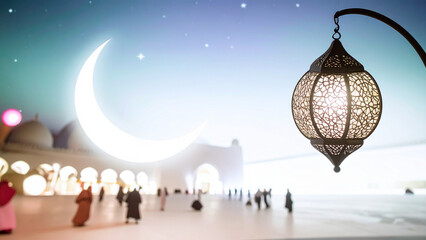 Eid Mubarak Celebrating the Festival of Breaking the Fast with lantern, crescent moon and mosque at dusk