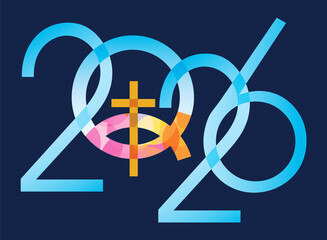Jesus fish symbol, new year date. 
2026 new year with Jesus fish symbol with cross. Isolated on blue background. Vector available.	