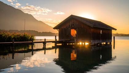 Rustic wooden boathouse on a calm lake at sunrise with mountain reflections and golden light