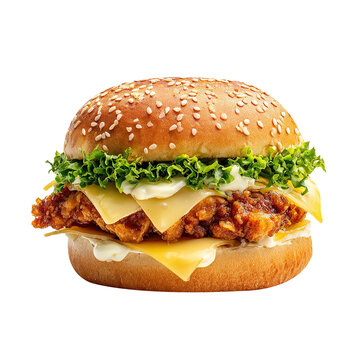 Crispy zinger burger with cheese and lettuce, isolated on white background.