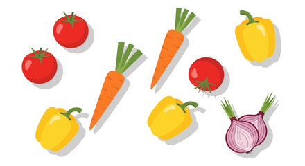Freshly harvested vegetables including tomatoes, carrots, yellow bell peppers, and red onions offer a bounty of healthy eating and culinary creativity