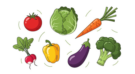 Fresh vibrant vegetables like tomato, cabbage, carrot, radish, pepper, eggplant, and broccoli, for healthy eating habits and nutrition education, vector origin