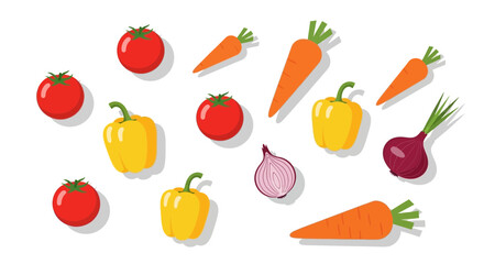Fresh vibrant vegetables including tomatoes, carrots, yellow peppers, and red onions for healthy eating, cooking concepts, and culinary designs