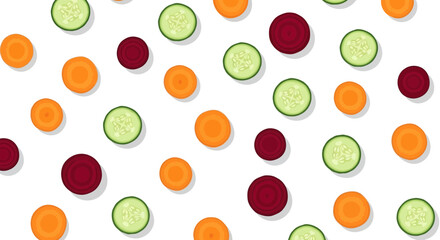 Vibrant vegetable circles scattered create a fun, fresh pattern, perfect for healthy food branding or nutrition-focused designs, showcasing beet, carrot, and cucumber