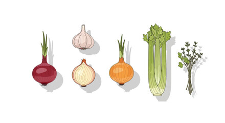 Fresh ingredients for a delicious meal, includes onion, garlic, celery and thyme, perfect for cooking blogs, recipe websites, and healthy eating campaigns