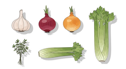 Fresh culinary ingredients collection for cooking, featuring garlic, red and yellow onions, thyme, and celery, perfect for adding flavor to meals