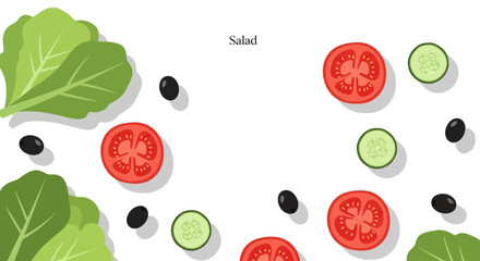 Fresh salad ingredients including vibrant lettuce, juicy tomatoes, crisp cucumbers, and savory olives, perfect for healthy eating and culinary projects