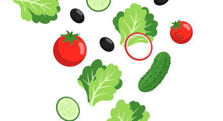 Fresh salad ingredients floating in a vibrant, colorful arrangement for healthy eating and lifestyle promotions, ideal for food blogs and recipe websites