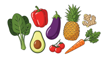 Fresh vibrant produce bursting with color: Pineapple, avocado, spinach, ginger, eggplant, bell pepper, carrots, and tomatoes for healthy lifestyle choices
