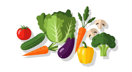 Vibrant flat lay of fresh garden vegetables, promoting healthy eating and balanced diets with colorful carrots, broccoli, and tomatoes from local farms