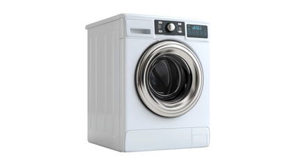 A white washing machine with a silver door and a digital display against a black background