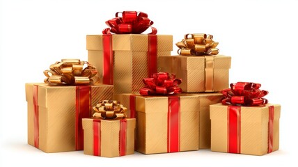 Obraz premium Elegant stacked christmas gift boxes with golden wrapping, festive red and gold satin bows, isolated on transparent background for holiday celebration decor and seasonal packaging design