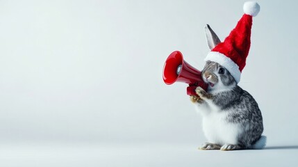 Rabbit wearing santa hat making christmas announcement with megaphone