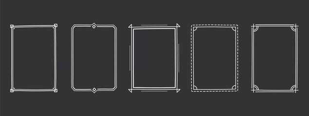 Five hand drawn rectangular frames with various decorative borders and corner designs, dark background