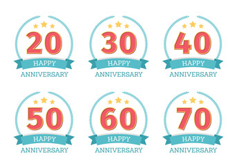 Set of six anniversary badges showing 20, 30, 40, 50, 60, and 70 years with laurel wreaths and ribbons