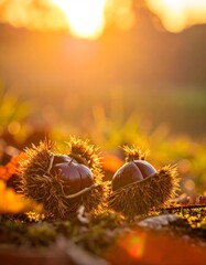 Golden sunset light illuminates two ripe chestnuts in spiky husks resting on an autumnal forest floor