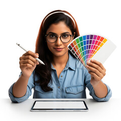 Indian graphic designer holding a color palette fan and stylus with tablet. Creative woman working on art, isolated on transparent background, png