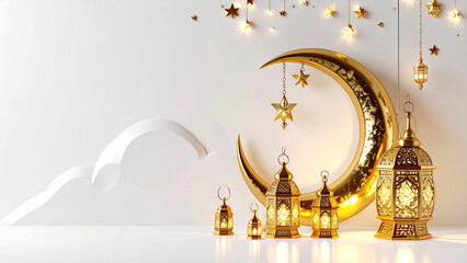 Golden Crescent Moon and Lanterns – Elegant Ramadan Kareem Decoration