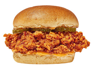 Crispy zinger burger with cheese and lettuce, isolated on white background.