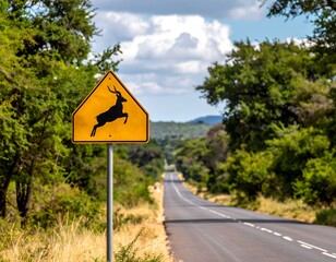 African road warning sign for kudu and wildlife crossings on a scenic highway through a lush savanna landscape