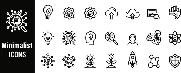 Minimalist Innovation line icon and thin linear illustration set.  Line style icons of innovation concepts: idea + execution, original approach, disrupt icon, idea to prototype, future-focused icon, 