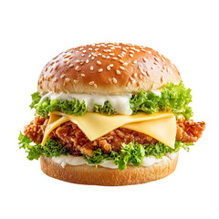 Crispy zinger burger with cheese and lettuce, isolated on white background.