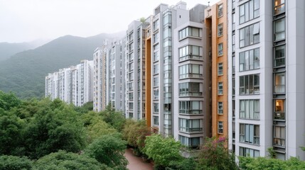 Fototapeta premium High Rise Apartments Packed On A Lush Green Hillside With Distant Misty Mountains Under A Cloudy Sky