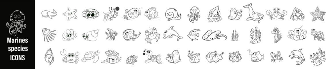 Marine's species icons hand drawn coloring book line art collection vector bundle