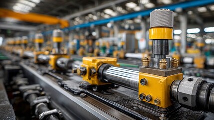 Precision industrial machinery operating on an automated assembly line in a modern, brightly lit factory setting, showcasing advanced manufacturing processes and technological innovation.