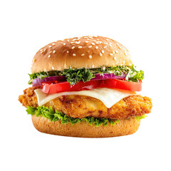Crispy zinger burger with cheese and lettuce, isolated on white background.