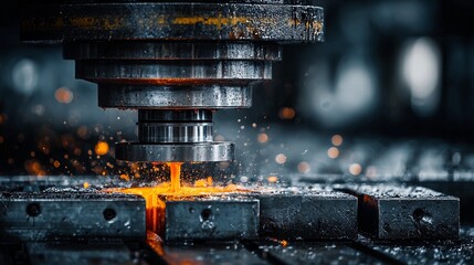Intense industrial machinery sparks fly as metal is precisely machined, showcasing powerful manufacturing processes and cutting edge engineering in a dynamic factory setting.
