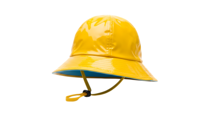 Yellow rain hat with chin strap isolated on transparent background waterproof headwear for outdoor activities in wet weather conditions