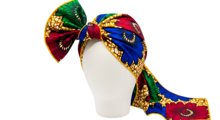 Colorful african print head wrap with a bow isolated on transparent background stylish and vibrant accessory for fashionforward individuals