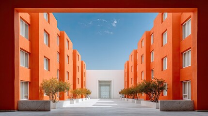 Minimalist Architectural Courtyard Featuring Bright Orange Buildings Lined With Small Trees Under A Clear Blue Sky With White Clouds And Sunlight