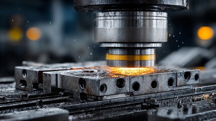 Precision industrial machining process sparks fly as heavy metal machinery crafts intricate components with intense focus and powerful force generating manufacturing excellence