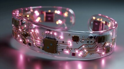 Futuristic transparent bracelet glowing with embedded microchips and intricate circuitry, a dazzling symbol of advanced wearable technology and modern innovation.