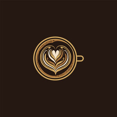 Top view of a coffee cup with latte art in the shape of a heart on a brown background design