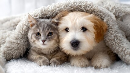 毛布にくるまる仲良しな子犬と子猫