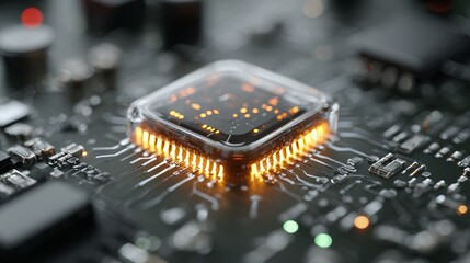Experience the vibrant glow of advanced technology, showcasing a detailed close-up of a glowing central processing unit on a complex circuit board, symbolizing innovation and digital progress.