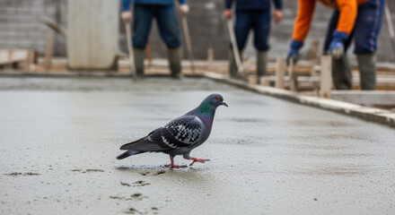 A pigeon walks across freshly poured concrete at a construction site, with workers visible in the background.