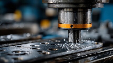 Precision metal drilling machine creates intricate holes with coolant spray, showcasing advanced industrial manufacturing and engineering innovation in a dynamic workshop setting.