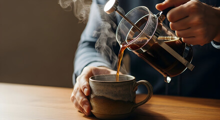 Pouring Freshly Brewed Coffee from French Press into Rustic Mug on Wooden Table with Steam in Warm Morning Light