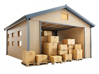 Warehouse building with stacked cardboard boxes isolated on transparent background
